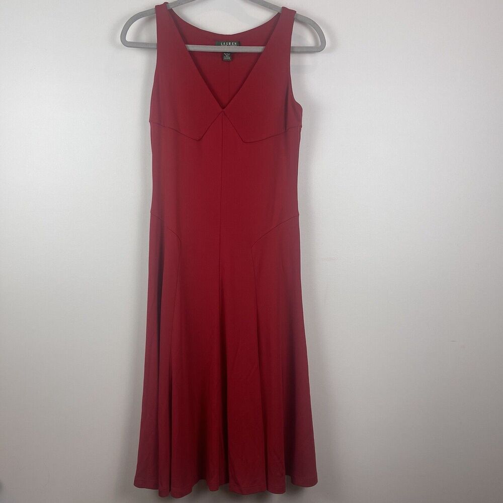Ralph Lauren Womens Dress Small Petite Red Midi Modest Cocktail Party Holiday‎